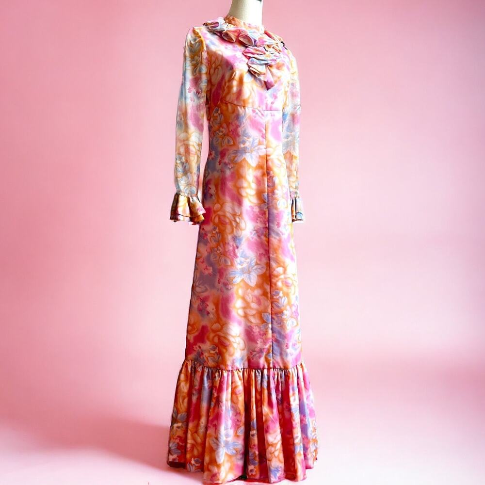 Vintage 70s Floral Ruffle Maxi Dress | Pink Watercolor Chiffon Sleeves | Size M